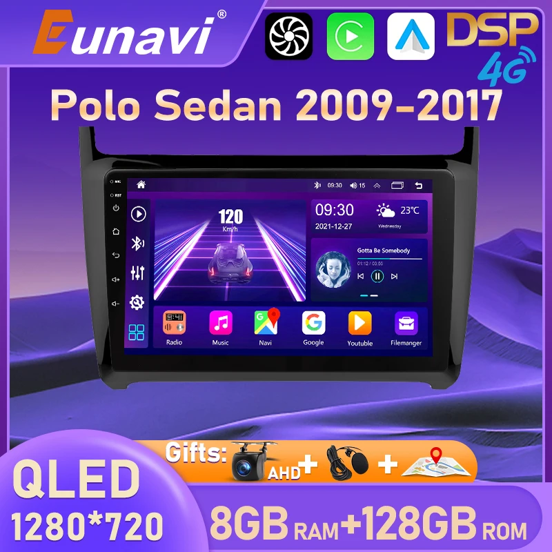 

Автомагнитола Eunavi 4G 2 Din Android 10, стерео аудио, мультимедийный видеоплеер для VW Polo Sedan 2009 - 2017 навигация GPS, DVD 2Din QLED