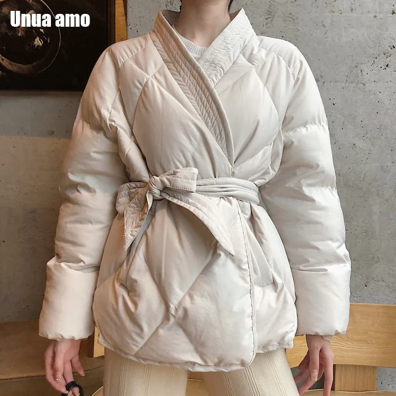 

Unua amo 2022 Winter Parkas Outwear Fashion Wild Loose V-neck Design Sashes Quilted Coat Warm Winter Jacket Women