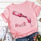 Футболка женская розовая размера плюс, повседневная романтическая рубашка с бокалом красного вина, уличная одежда в стиле Харадзюку с коротким рукавом, на лето