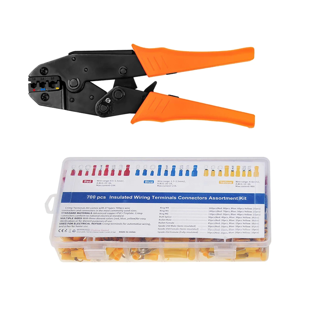 

700PCS Ratcheting Wire Crimper Ratchet Terminal Connector Crimp Pliers Tool Kit Ratcheting Crimp Pliers With Terminals Sets