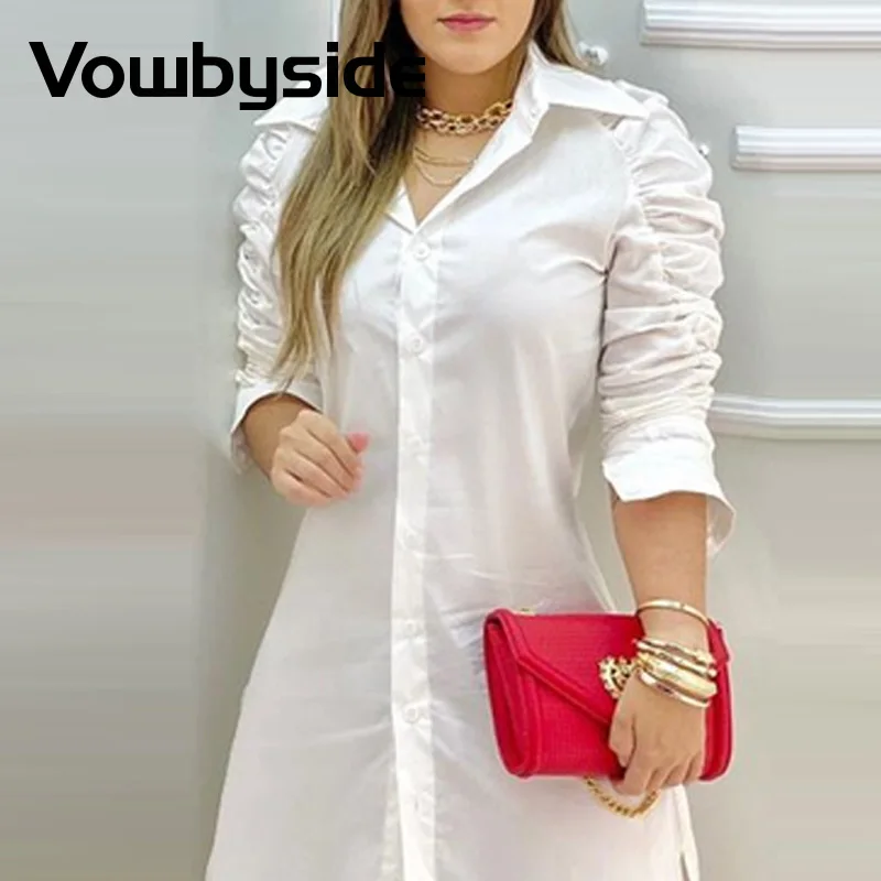 

Pleated High-low Cut Long Shirt Dress Women Turn Down Collar Casual Dress