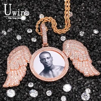 uwin custom photo necklace with angel wings men charm micro pave cubic zirconia iced out jewelry for gift tennis chain