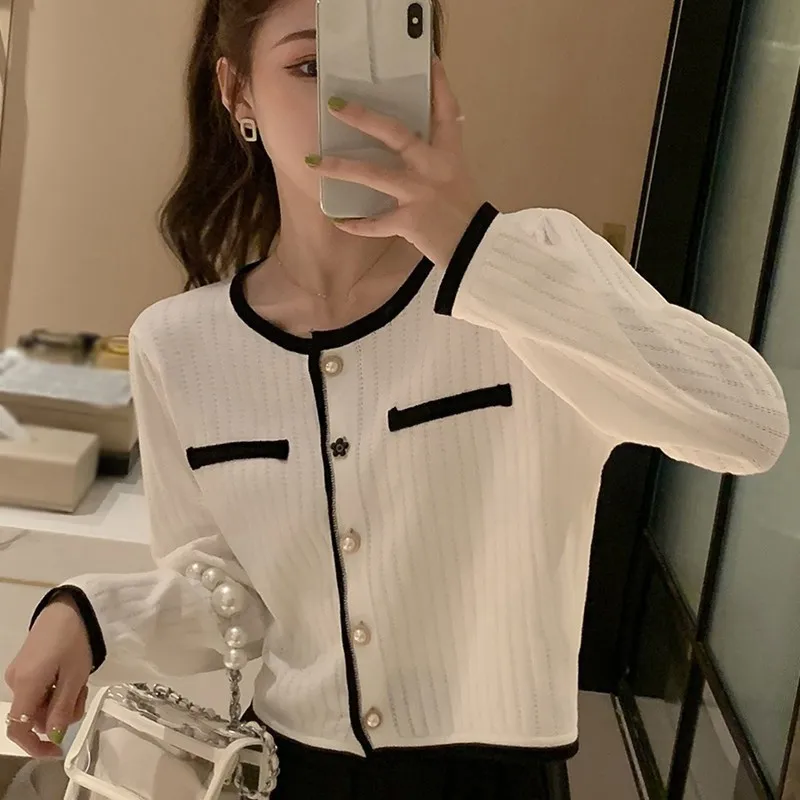 

Summer Women Clothes Korean Thin Coats Top Women's Fashion O-Neck Color Contrast Button Casual Knitted Long-Sleeved Cardigan
