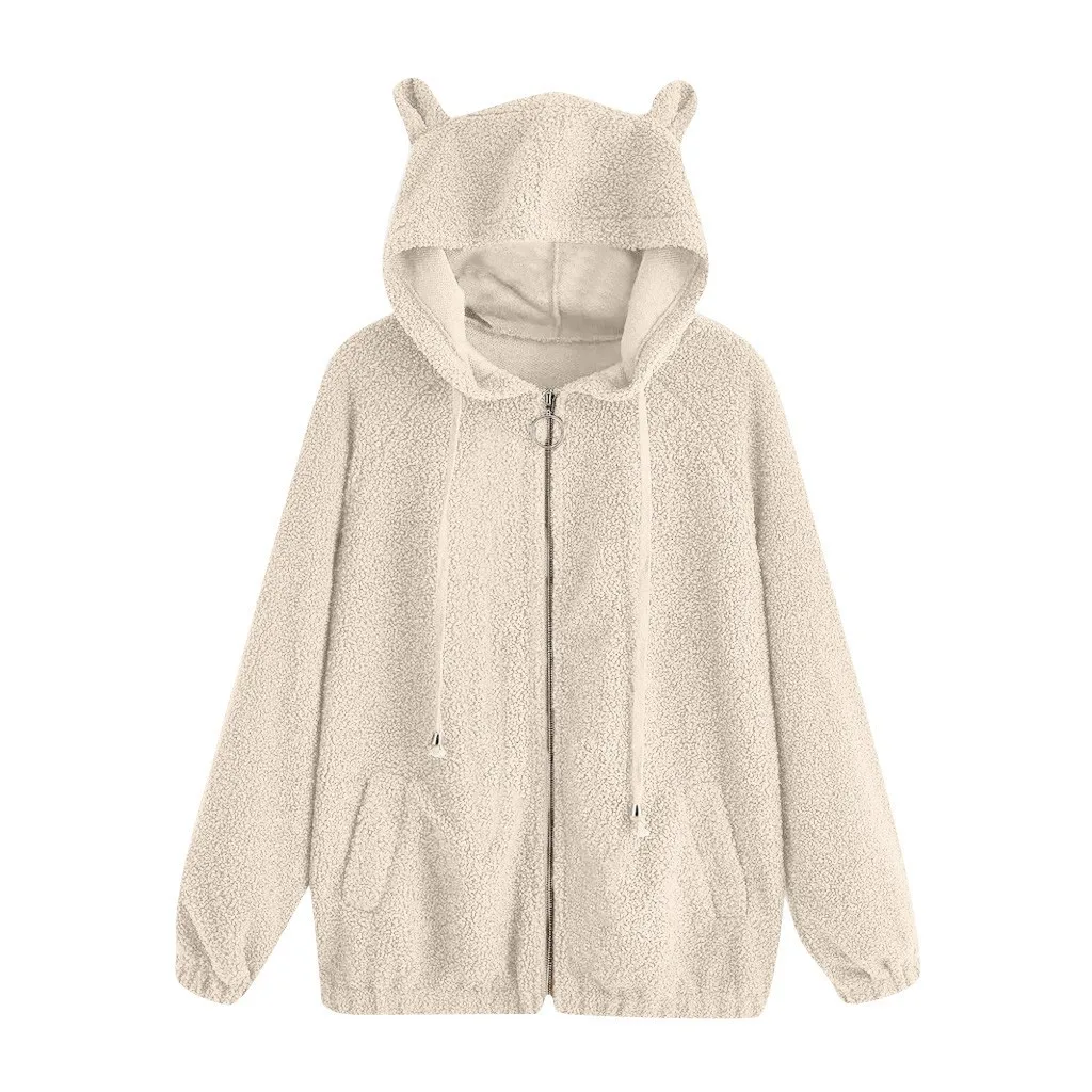 Beige Женские повседневные пижамы; сезон зима-осень; удобная куртка с капюшоном с длинными рукавами и ушками медведя на молнии и карманом; пальто; Abrigo для женщин - Цвет: Beige