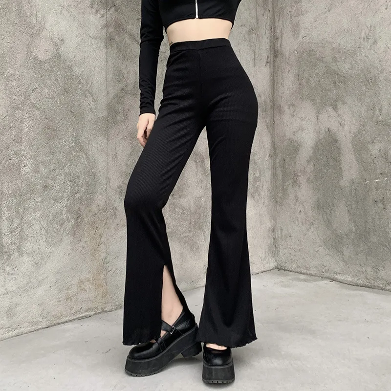 

Women Gothic Dark Retro High-waisted Drape Elastic Black Flare Pants Girl Casual Streetwear Vintage Suede Pit Strip Long Trouser