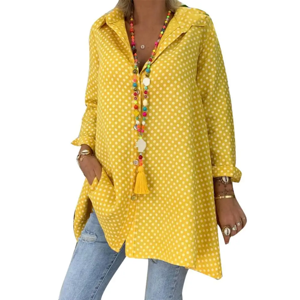 

Women Casual Long Sleeve Turn Down Collar Polka Dot Print Buttons Loose Shirt