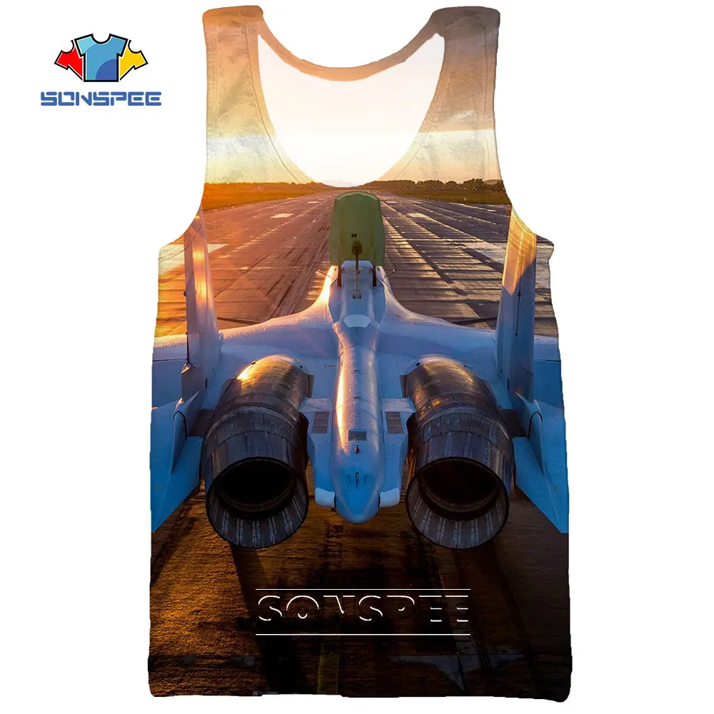 

SONSPEE 3D Print Fighter Sunset Plane Track Summer Men's Tank Top Sky Casual Bodybuilding Gym Muscle Sleeveless Fitness Vest