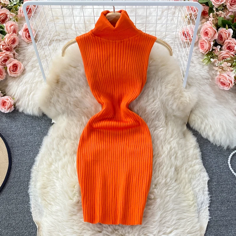 

Button Knitted Dress Bodycon Mini Vestido Elegant Black Rib Feminina Ropa Mujer Robes Turtleneck A Line Vestido Women Clothing