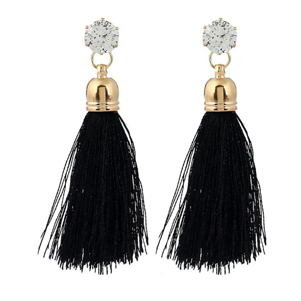 Модные богемные серьги подвески в этническом стиле с длинной кисточкой стразы