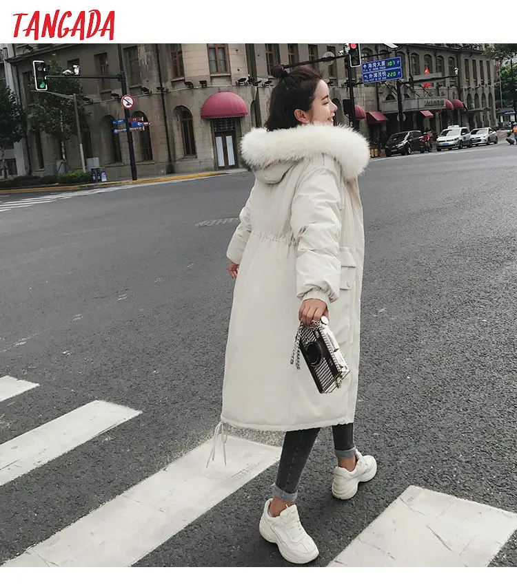 Tangada зимнее женское черное пальто с хлопковой подкладкой размера плюс 2XL длинная парка с меховым воротником пальто с капюшоном теплая верхняя одежда AMK11