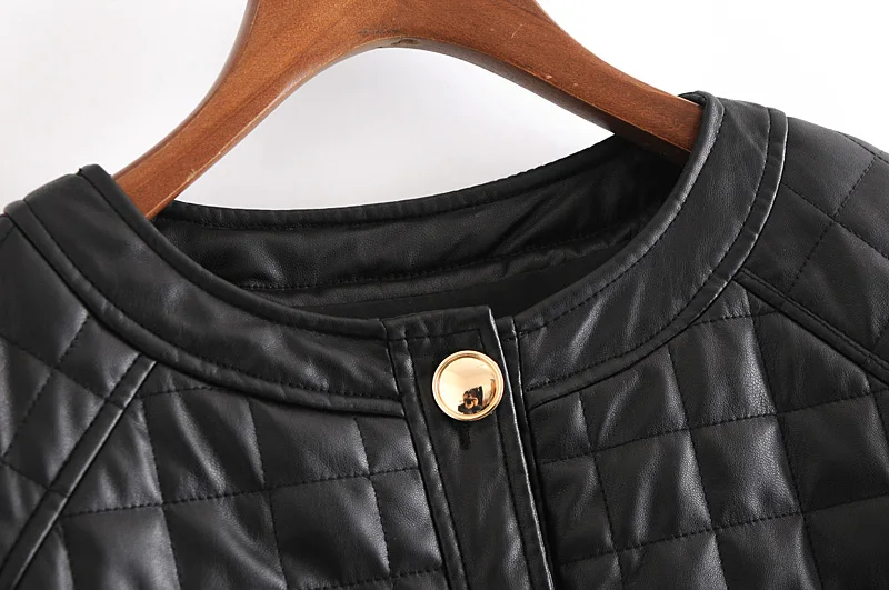 

2020 New Arrival Free Inspirit Office Lady Leather O-neck Single Breasted Pockets Check Pattern Thick Winter Warm Coat Jackets