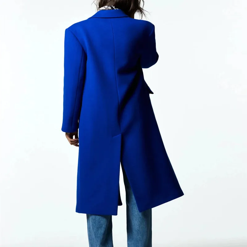 Женское шерстяное двубортное пальто ZA свободная синяя куртка средней длины с