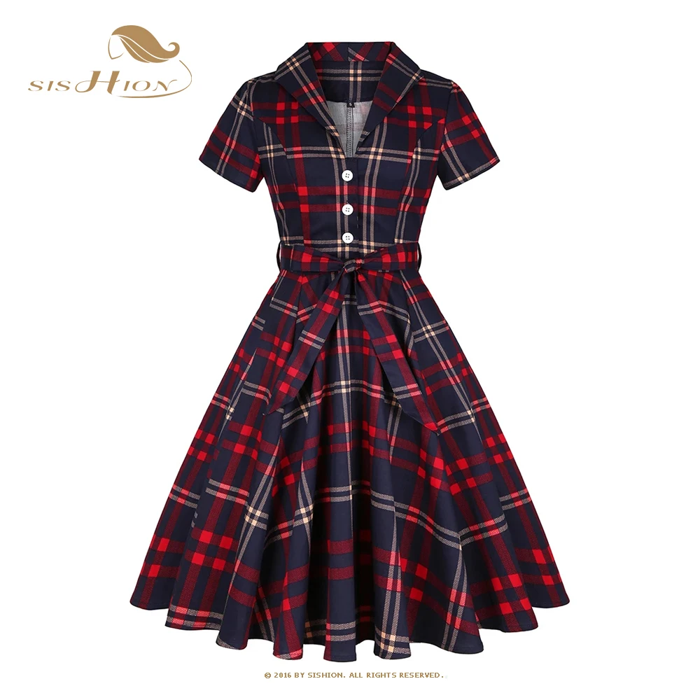 

Женское винтажное платье в клетку SISHION, хлопковое синее платье с коротким рукавом и поясом в стиле ретро 50-60-х годов, свободного покроя, SD0002, л...