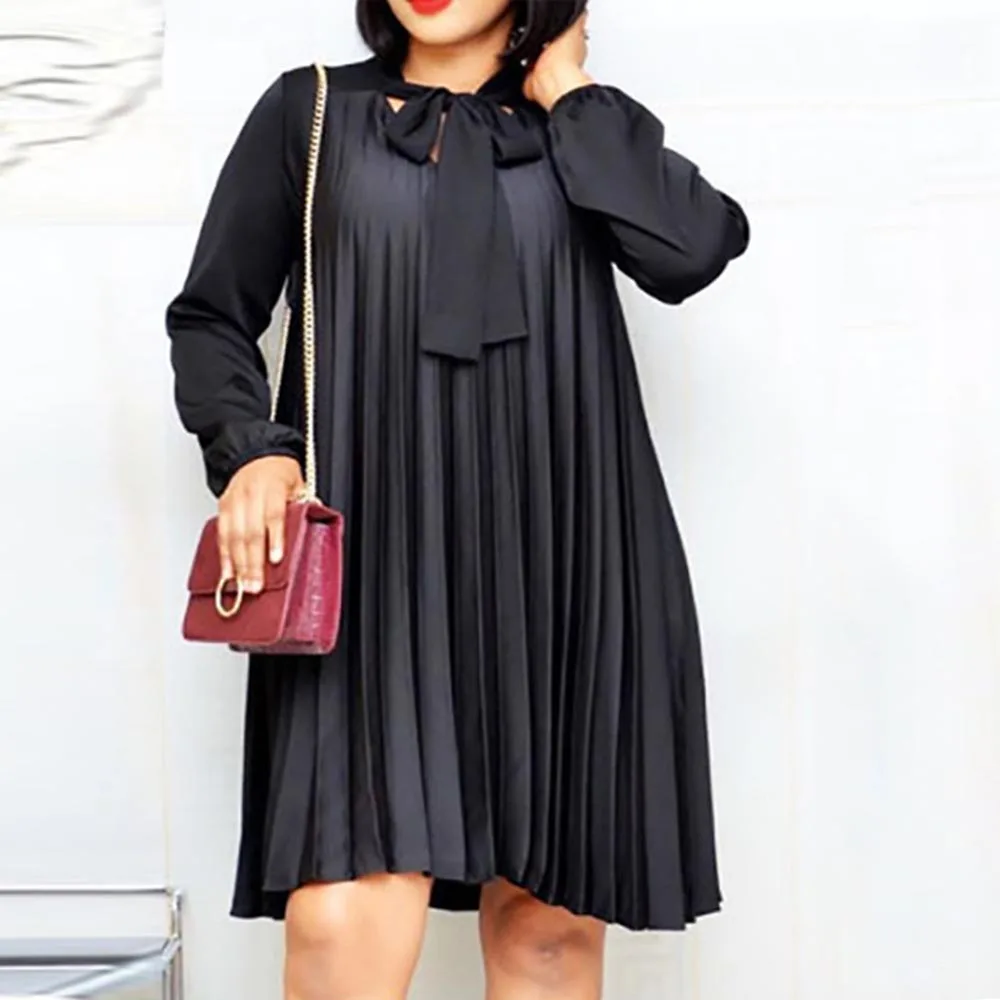 Женское офисное платье миди с бантом синее элегантное плиссированное