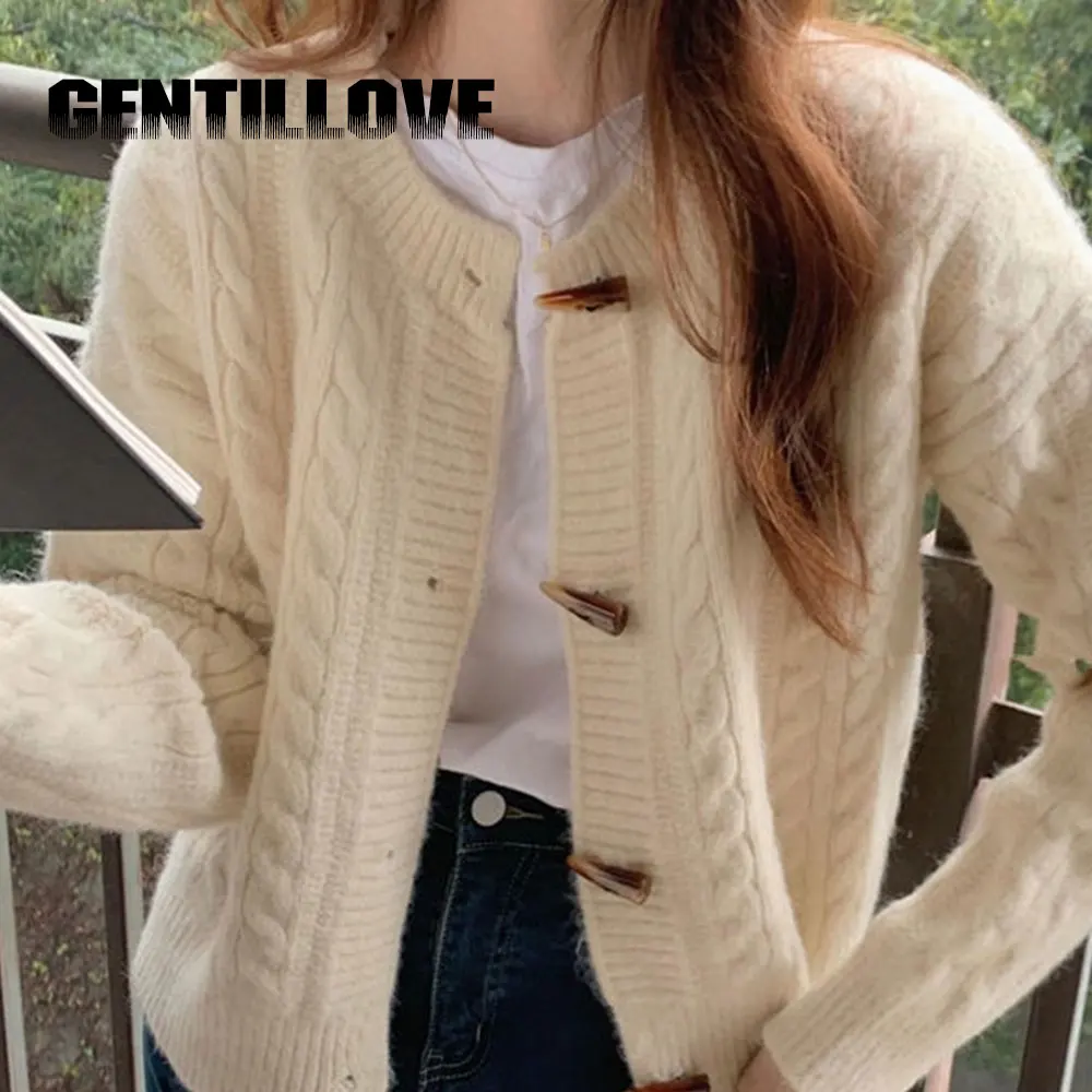 

Autumn Winter New Women Cardigan Sweater Horn Button O Neck Solid Long Sleeve Loose Female Knitted Korean Fashion Jacket Coat