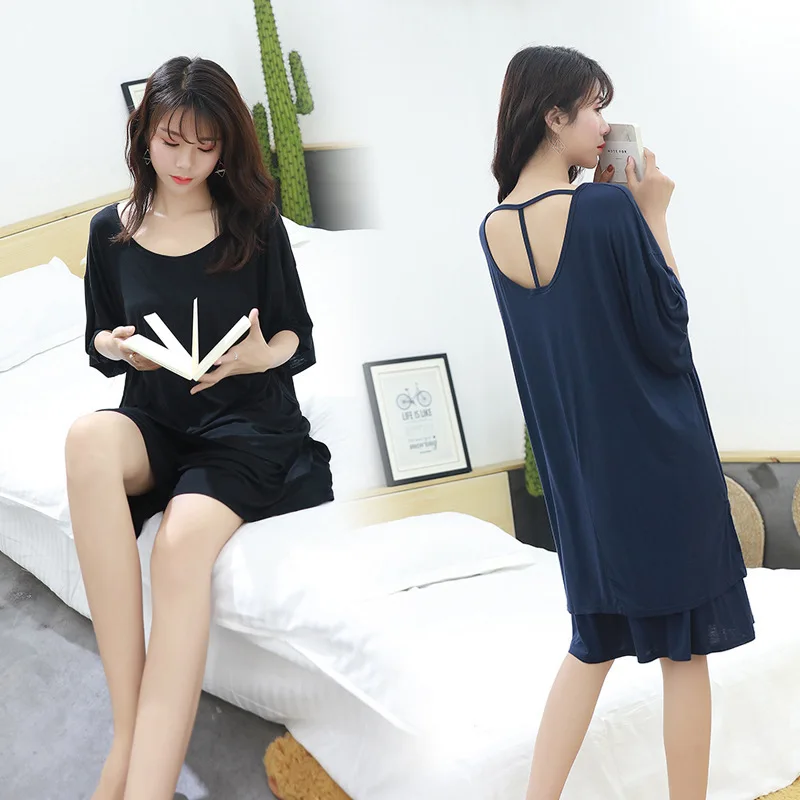 

2020 New Arrival Shorts Pajamas Female Halter Modal Short Sleeve Suit Cotton Home Service Lounge Nighties Casual Sleepwear