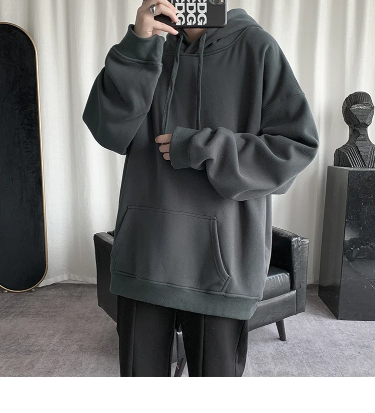 

Korean Men's Solid Color Hoodies 2021 Casual Hooded Pullovers Hoodie Warm Fleece Male Loose Sweatshirts Man Clothing