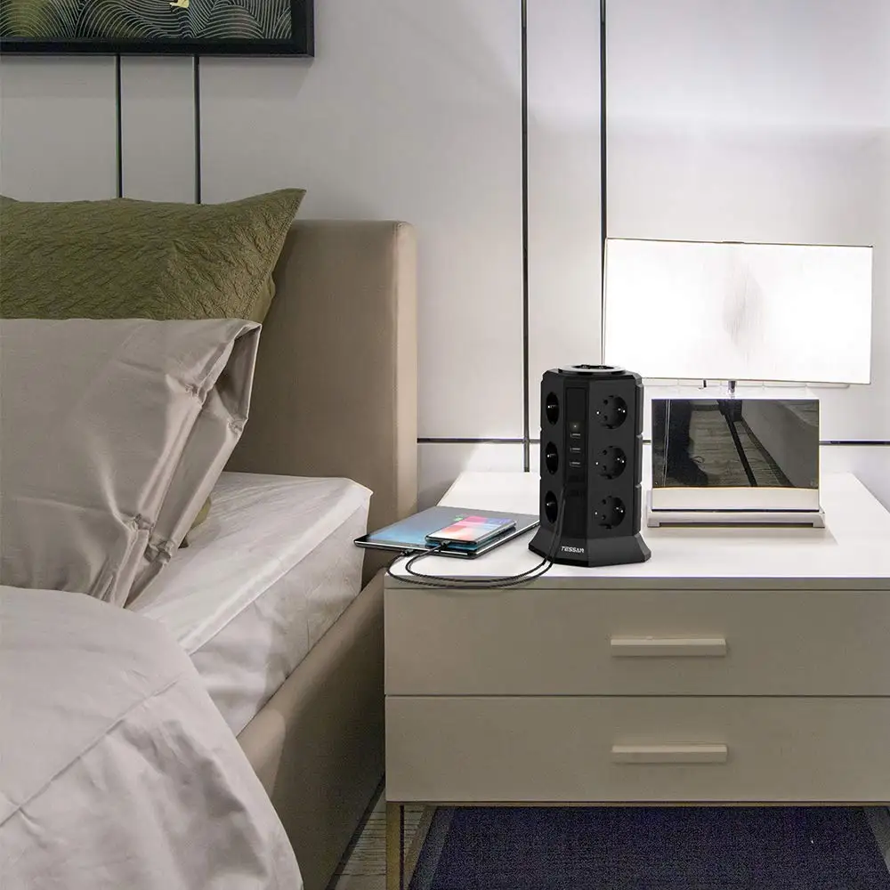 

EU Power Strip Tower With 5 USB and 2m Extension Cord Overload Protection Multi EU Plug Interface Electrical Socket Home Office