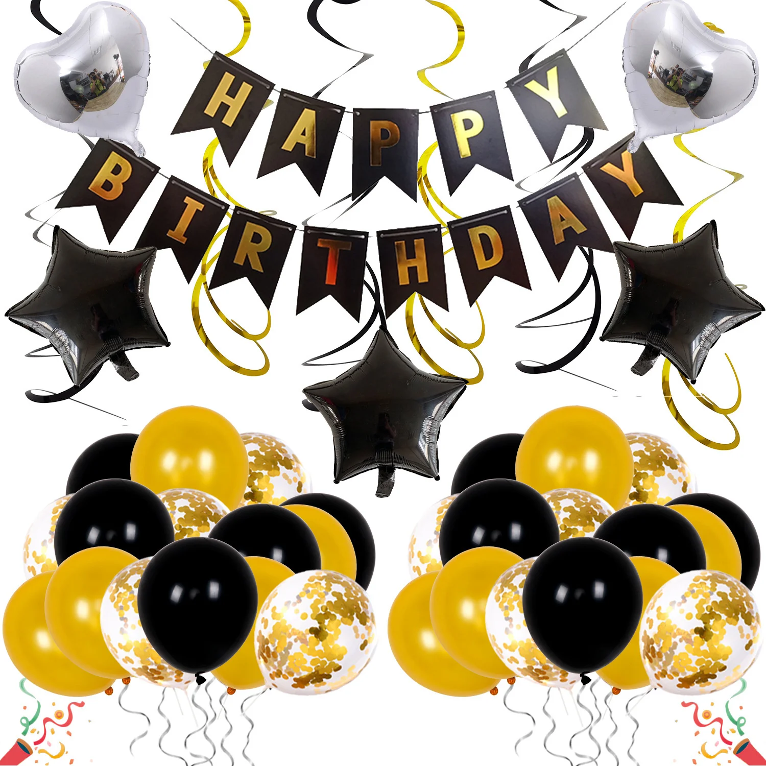 

Black gold birthday party balloon set golden birthday pull flag spiral latex balloon set children's party decoration