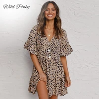 wildpinky 2022 summer style women mini leopard dress summer print ruffles short sleeve v neck party sweet beach dress vestidos