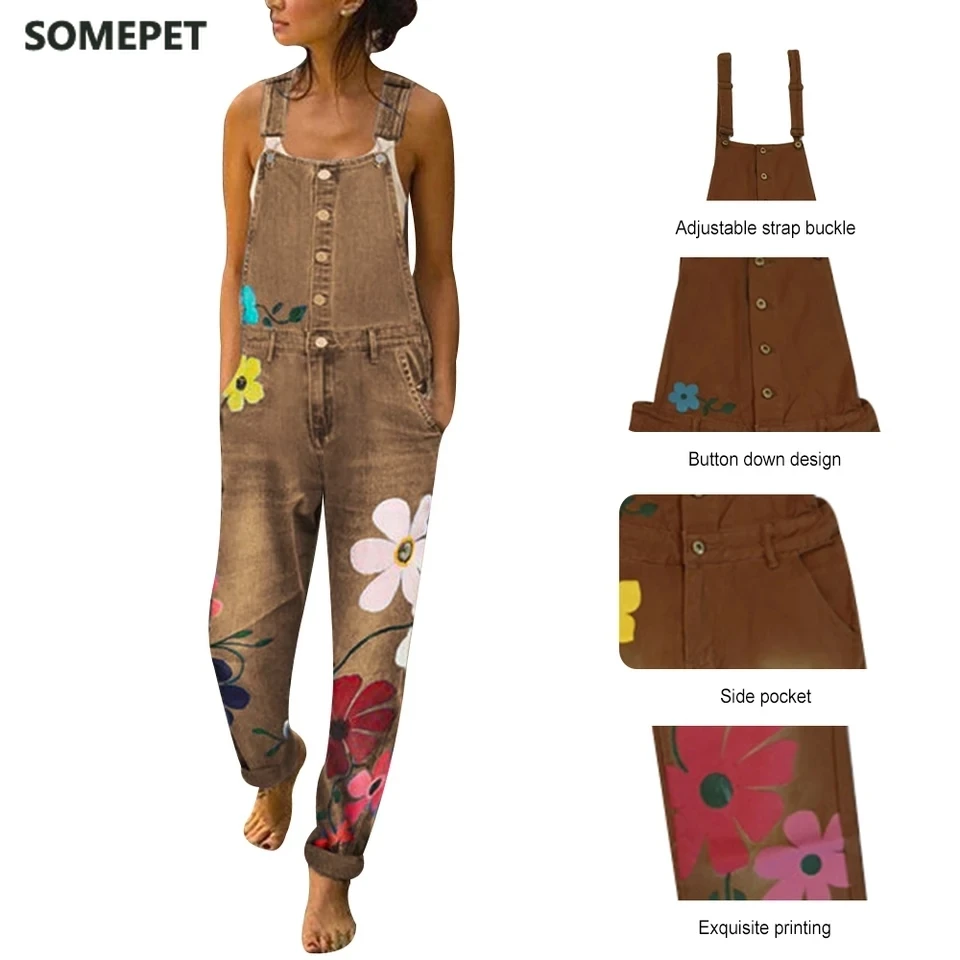 

Women Jumpsuits floral printed long jeans pants 2020 new denim straps light washes pocket overalls bib strayght ladies
