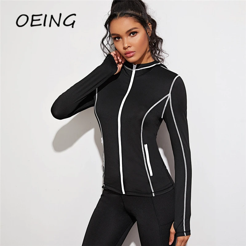 

Long Sleeve Seamless Jogging Shirts Slim Stripe Yoga Hooded Tops Gym Activewear Workout Spring Yoga Top