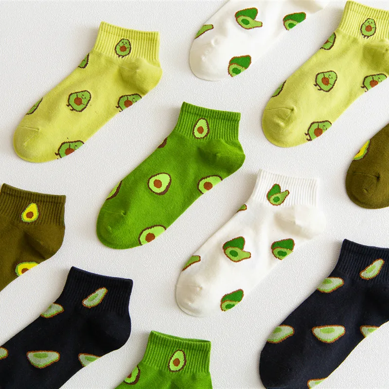 

5 Pairs Spring Summer Cotton Socks Women Avocado Strawberry Embroidery Breathable Funny Sock Harajuku School Girl Ankle Socks