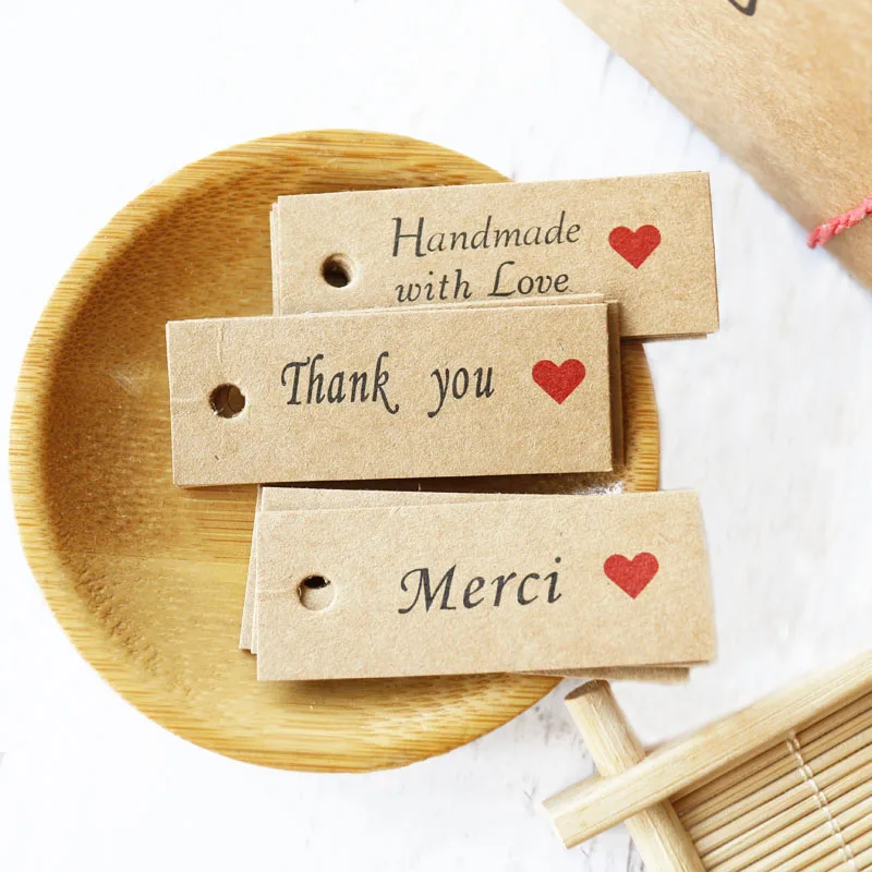 500pcs Kraft Gift Tags Handmade with Love Red Heart Hang Tags DIY Thank You Merci Labels for Party Gift Wrapping Garment Tags