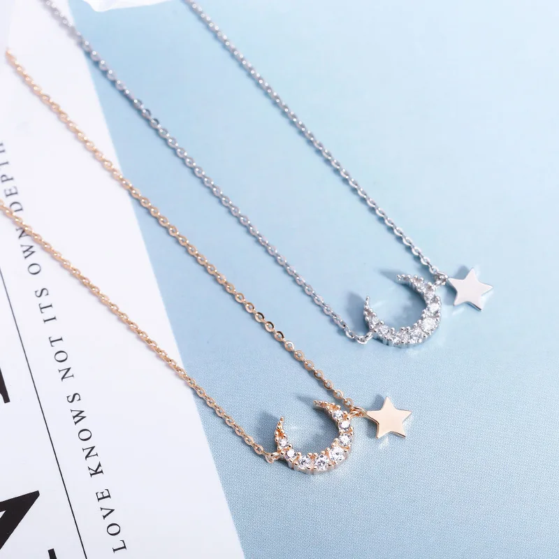 

925 Sterling Silver Star Moon Necklace Female Tide Niche Clavicle Chain Simple Light Luxury Ins Necklace Temperament