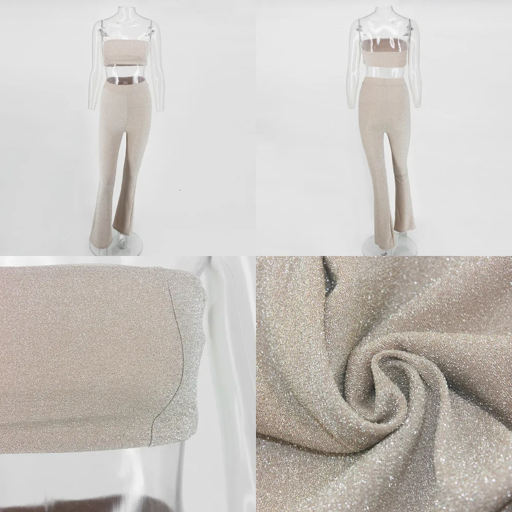 DRESSMECB летний сексуальный женский комплект 2 шт. без бретелек с открытыми плечами спортивный костюм блестящий комплект из двух предметов короткий топ и длинные штаны сексуальный комплект