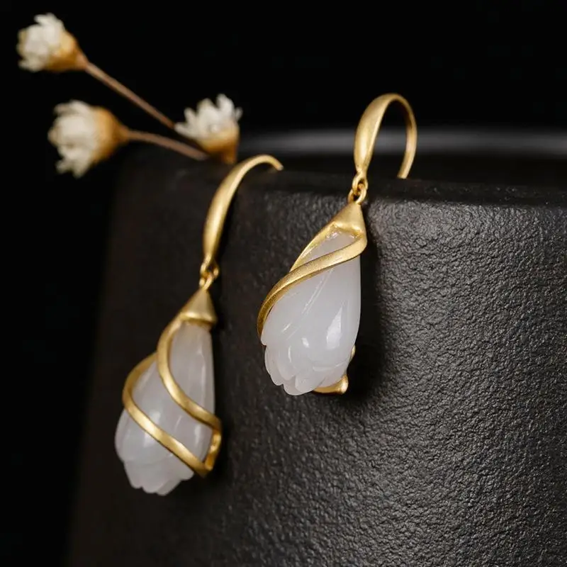 

Ethnic Retro Style Hetian White Magnolia Flower Ear Studs Women's S925 Sterling Silver Jade Earrings High-Grade Gold