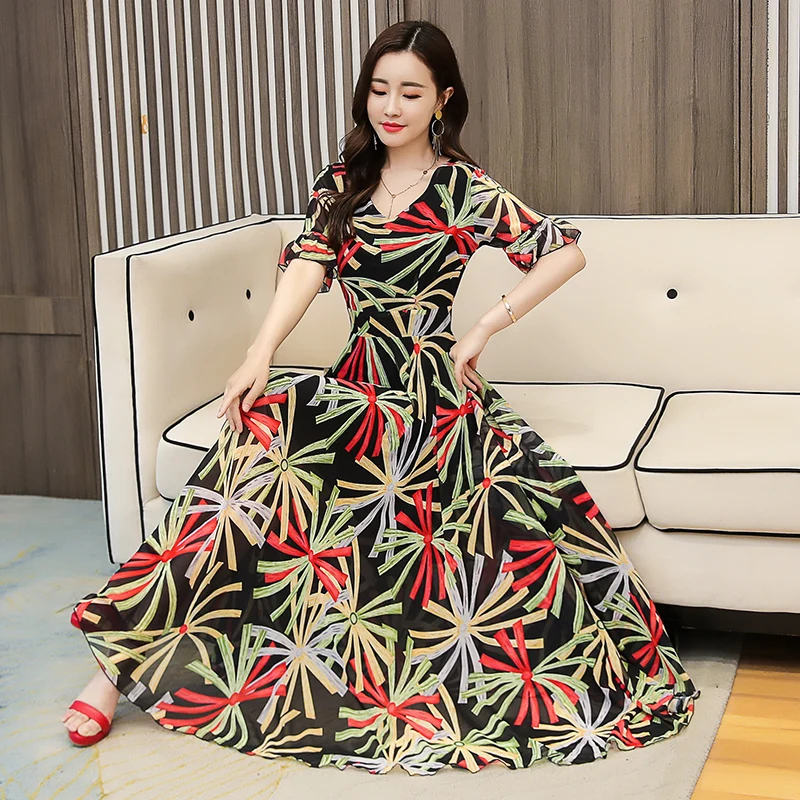 Шифоновое платье с принтом в богемном стиле длинное пляжное для праздника и