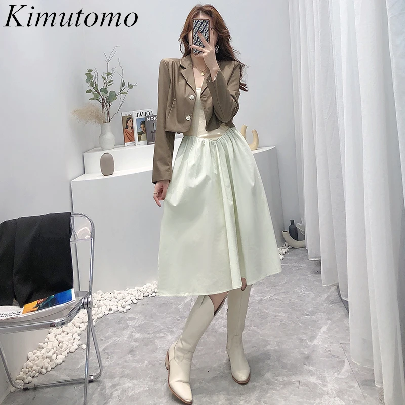 

Kimutomo Women Sets 2021 Autumn Korea Sweet Temperament Ladies Thin Short Jacket Slim Bottoming Suspender Large Swing Dress Suit