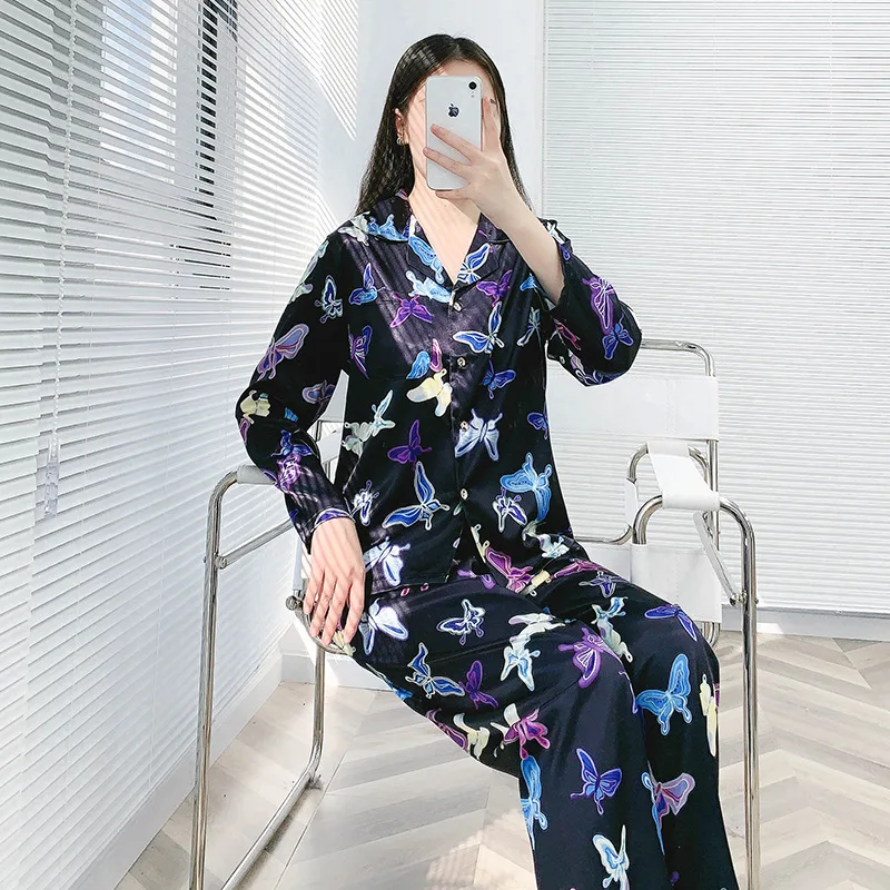 

Women Print Butterfly 2PCS Satin Pajamas Sets Sexy Notched Pyjamas Suit Sleepwear Nightwear Full Sleeve &Pant Lounge Home Wear