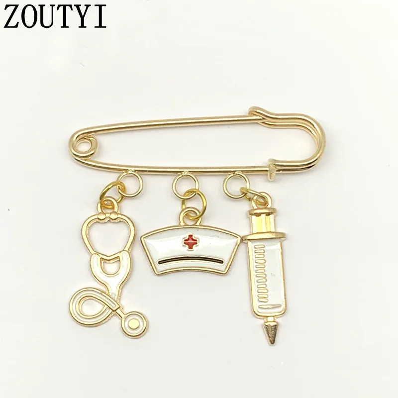 Новые цвета розового золота шапочка Медсестры Медицинский Брошь шприц стетоскоп