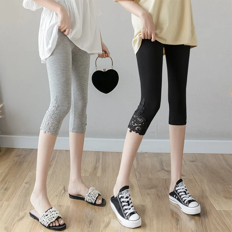 Summer Women Leggings Fashion New Style Lace Modal Mid-calf Leggings Ladies Push Up Thin Slim High Waist Stretch Soft Leggins