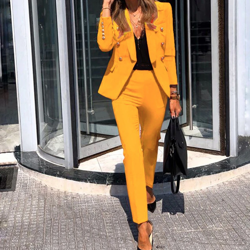 

Autumn Business Ladies Blazer Suit Buttoned Long-sleeved Coat With Pockets Elastic Waist Trousers Commuter Suit Pants Suit