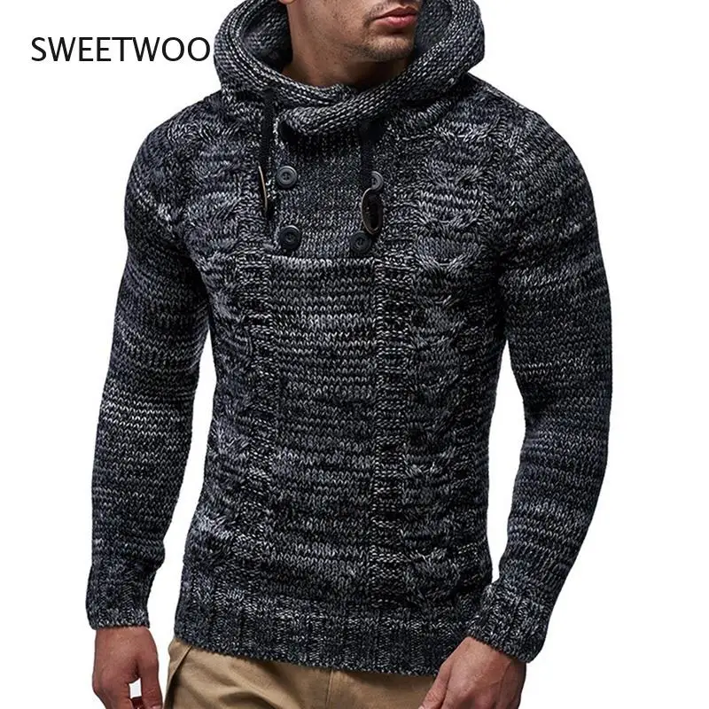 Men's Fashion Solid Color Knit Hooded Sweaters 2021 New O-Neck Long Sleeve Slim Fit Pullover Tops Autumn Winter