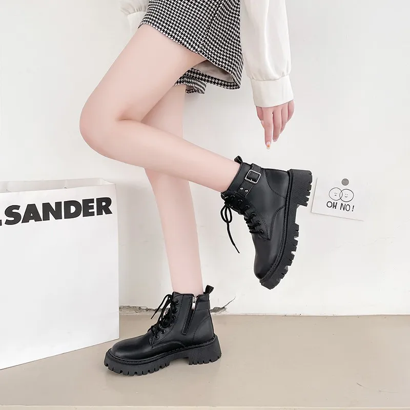 

British style retro ankle boots women's mid-heel zipper PU leather boots women's autumn and winter black thick-soled ankle boots