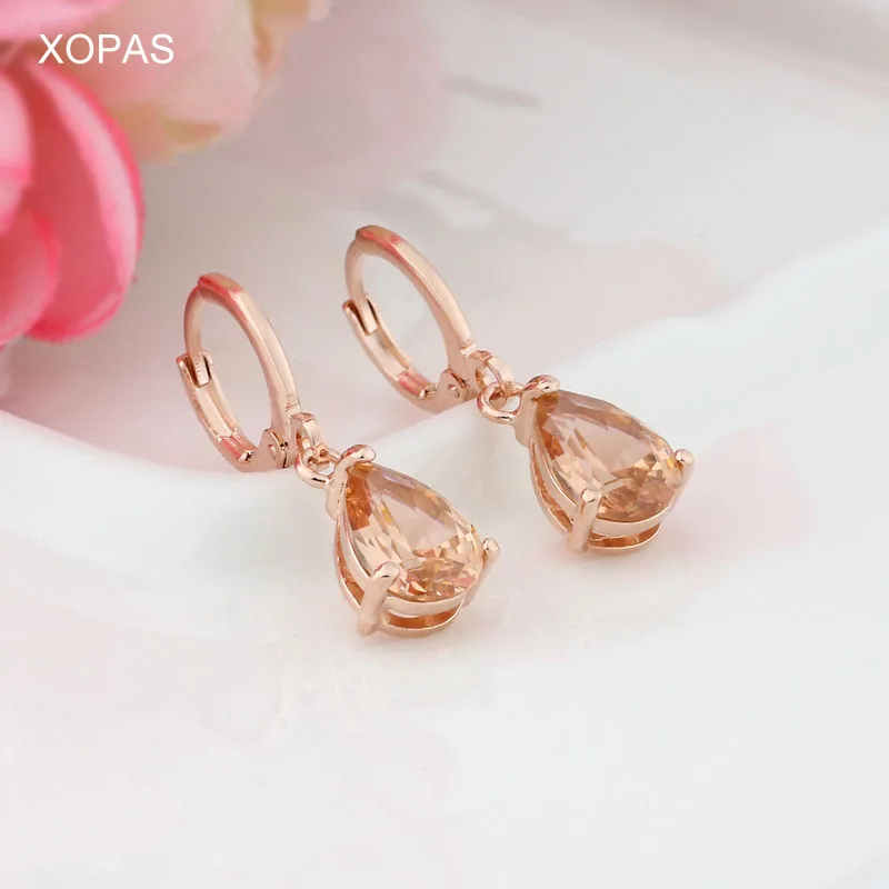 Champagne 585 розовые серьги золотого цвета капли воды Кубического Циркония Камень Висячие серьги для женщин/девочек длинные висячие серьги Модные ювелирные изделия - Окраска металла: Champagne