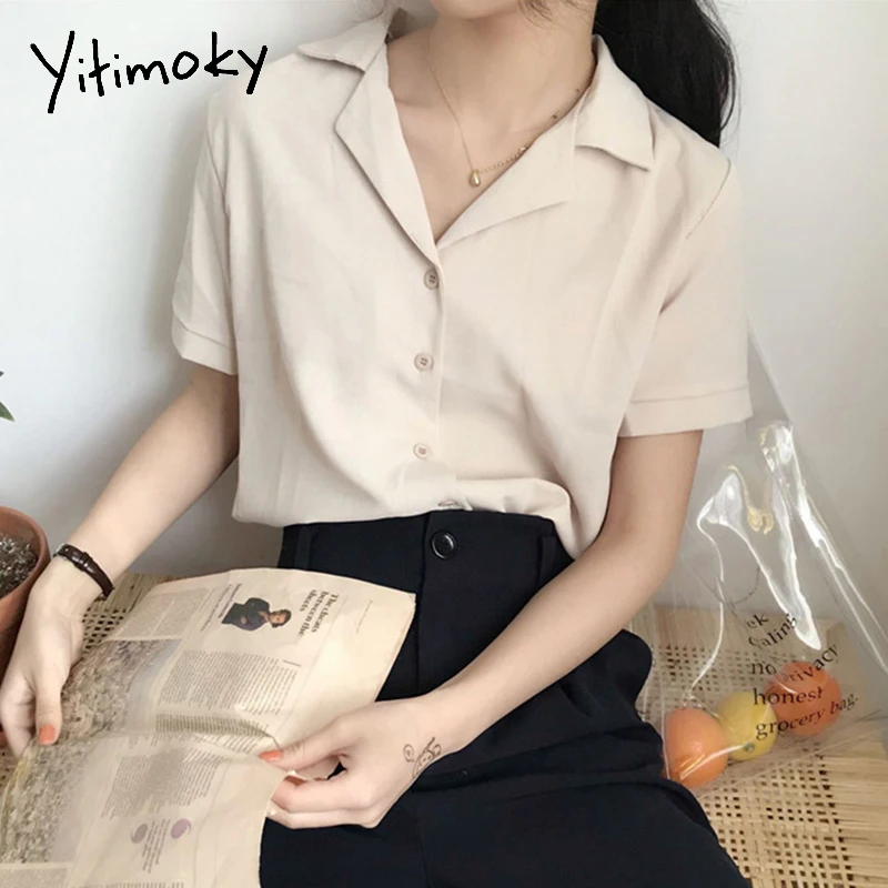 

Yitimoky белая рубашка женская шифоновая одежда в Корейском стиле шикарная однотонная блузка с коротким рукавом летние офисные женские модные ...