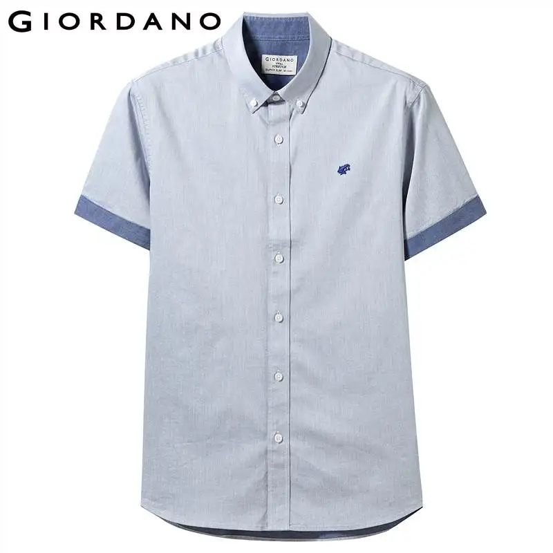 Giordano Оксфорд рубашка с короткими рукавами slim fit и вышивкой лягушки на груди, выполнена из натурального хлопка, имеет два варианта окраса