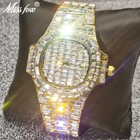 top hip hop missfox mens watches baguette aaa diamond luxury iced out full steel quartz luminous gold bling male jewelry clocks