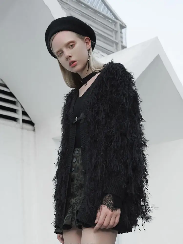 Панк Rave женская готическая Кнопка Fly пушистая куртка-кардиган PM-179KM | Женская