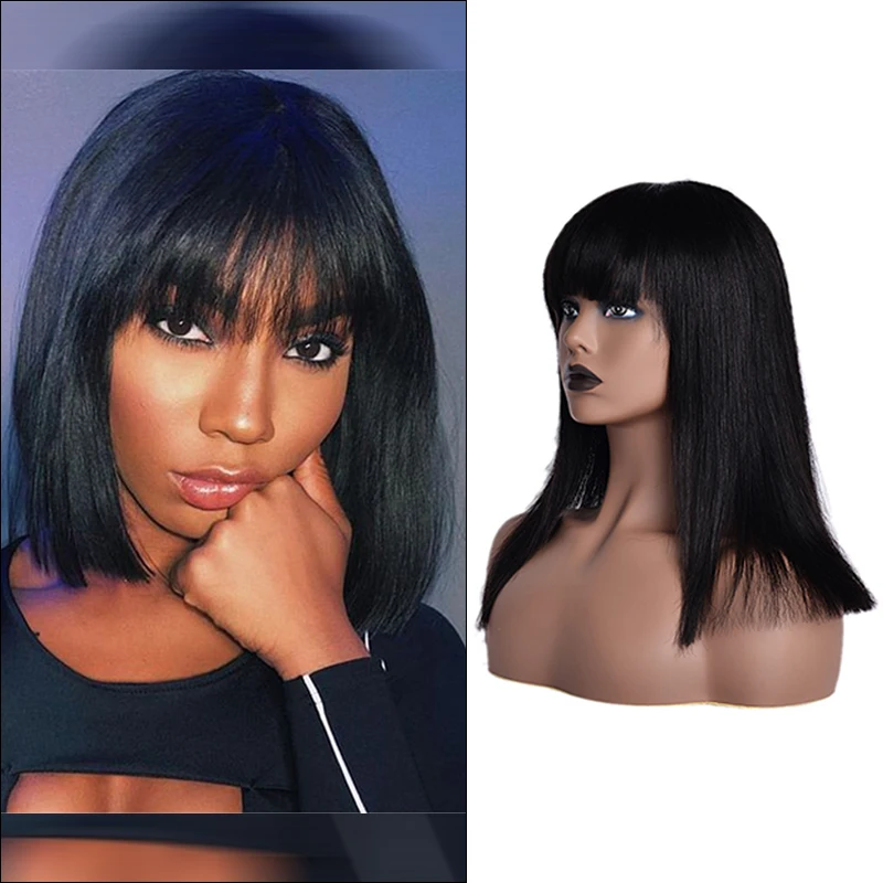 

Straight Short Bob Wig with Bang Lace Front 100%Human Hair Wigs Pre-Plucked Natural Color Bleached Knots Remy Hair 150% 13*4 Wig