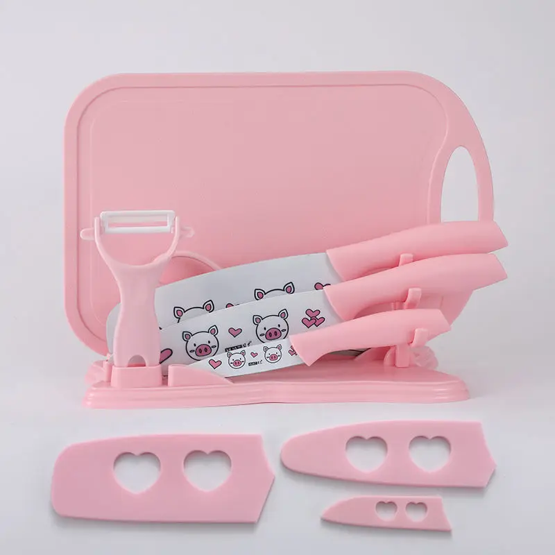 

7Piece Set Super Cute Pink Princess Cartoon Stainless Steel Fruit Knife Kitchen Knife Scissors Peeler Cutting Board Storage Rack
