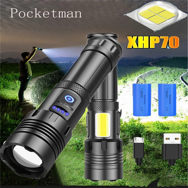 

Яркий светодиодный фонарик XHP70 + COB, USB-перезаряжаемый водонепроницаемый портативный фонарик для длительного использования с аккумулятором ...