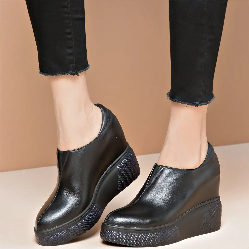Chunky Platform Oxfords Shoes Women Genuine Leather Wedges High Heel Ankle Boots Female Round Toe Fashion Sneakers Casual Shoes