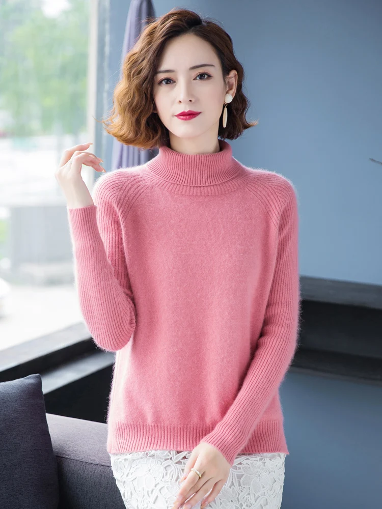 Turtleneck sweater women 2020 autumn winter new casual knitted bottoming shirt women's solid color 100% mink cashmer sweater top