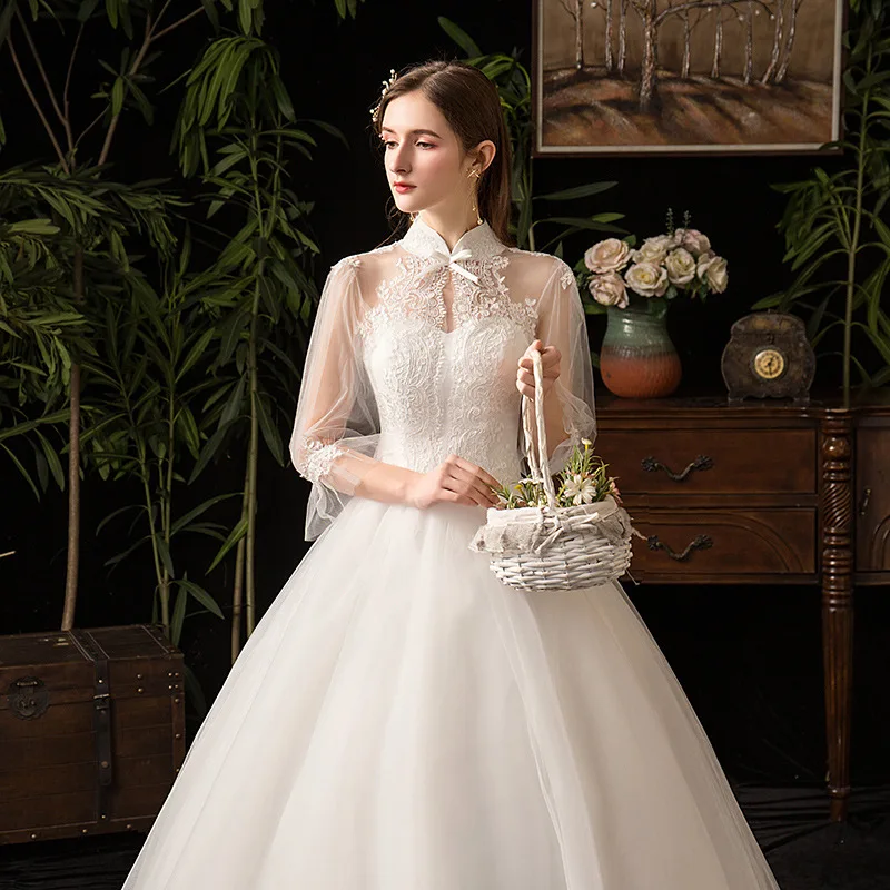 

Классическое Свадебное платье с пышными рукавами, свадебное платье невесты, винтажное кружевное платье принцессы, модель 2019 года